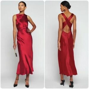 Reformation Cassette red silk dress high neck cowl formal summer wedding guest 6